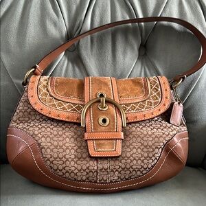 Coach Brown and Tan Jacquard Shoulder Bag with Buckle Closure